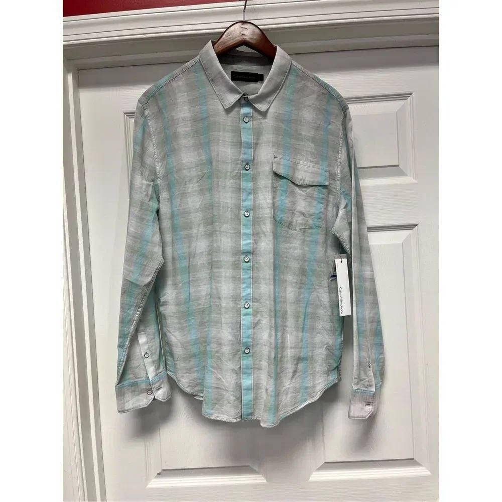 Calvin Klein Aqua Plaid Light Weight Western Look Button Down Shirt sz XL NWT